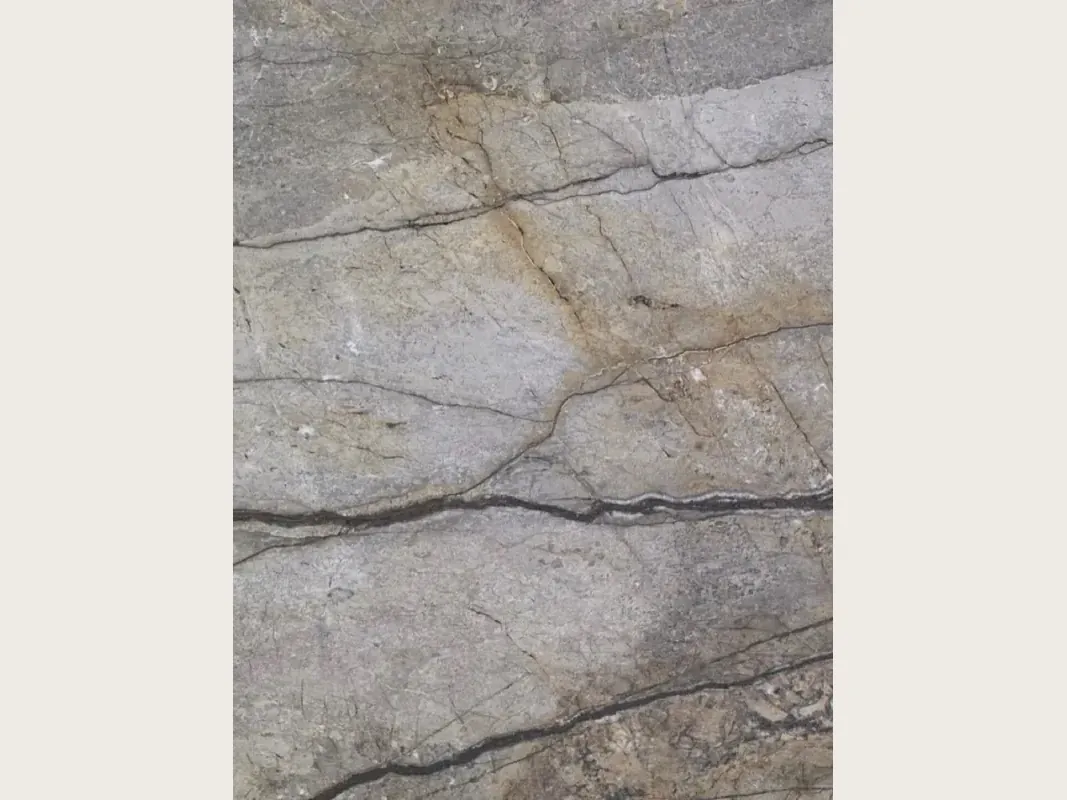 Placa de granito gris Silver Roots: fondo gris topo con vetas gris oscuro horizontales, grietas finas y toques ocre