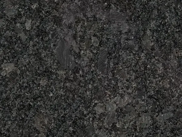 Placa de Granito Steel Grey: grano medio gris acero con zonas más claras sobre fondo casi negro, pulida
