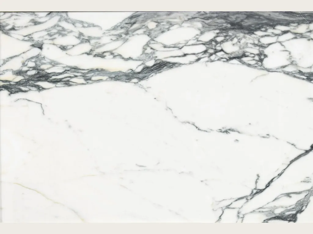 Placa de mármol blanco Arabescato Corchia: red densa de vetas gris oscuro y negro sobre fondo blanco cálido (otra placa)