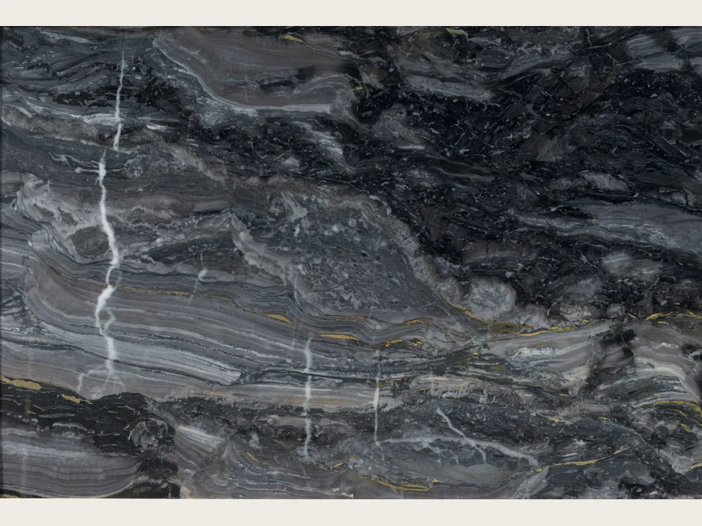 Placa de mármol gris Arabescato Grigio Orobico: bandas onduladas grises y negras con vetas blancas verticales