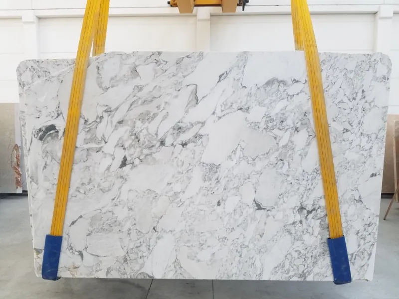 Placa de mármol blanco Arabescato Vagli: red fina de vetas gris claro alrededor de fragmentos blancos (otra placa)