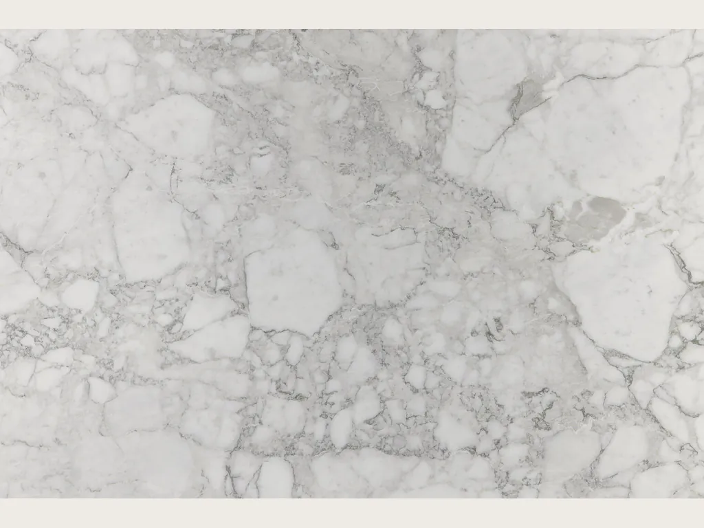 Placa de mármol blanco Arabescato Vagli: red fina de vetas gris claro alrededor de fragmentos blancos