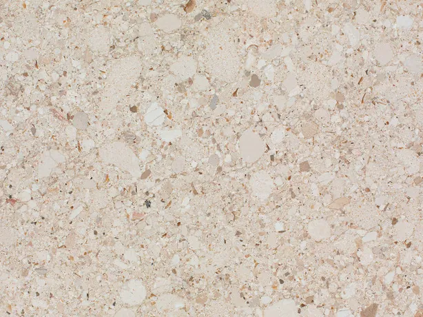 Detalle del Blanco Romano: clastos redondeados pequeños, densos, sobre el beige rosado mate