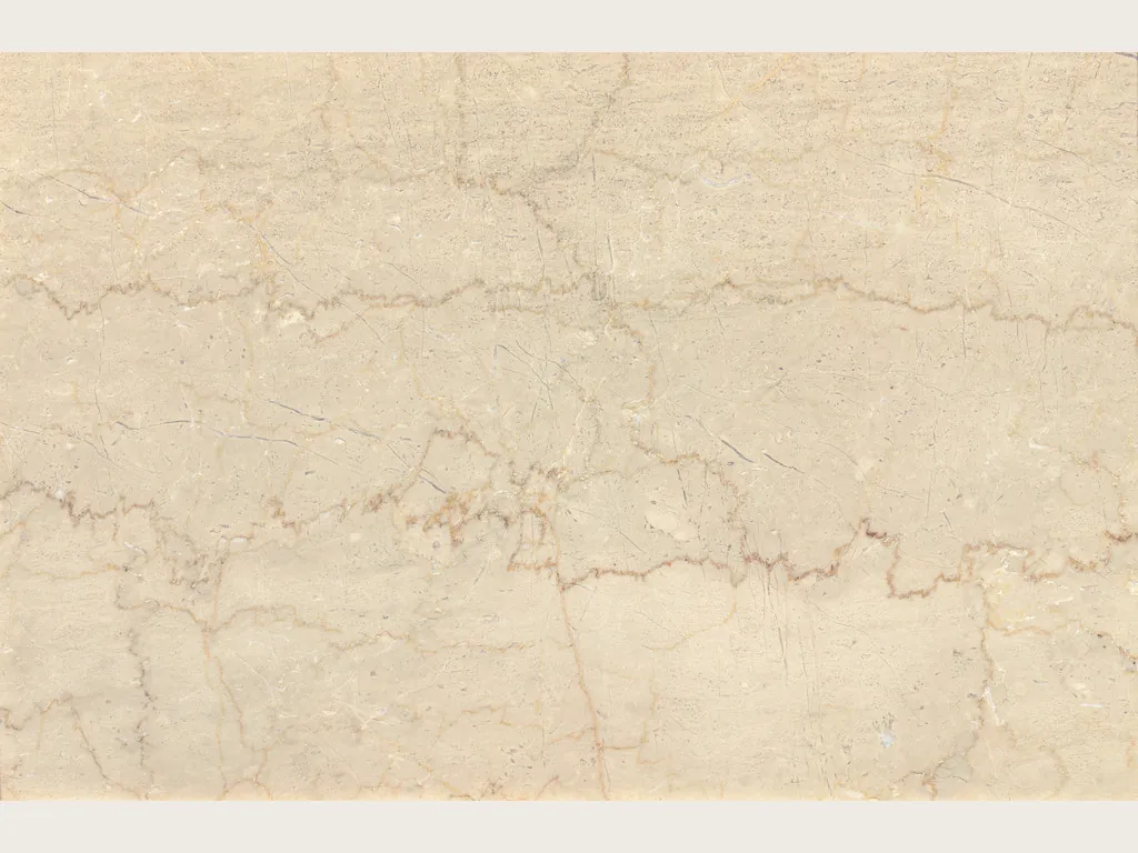 Placa de mármol beige Botticino Semiclassico: fondo beige crema con vetas finas dentadas marrón rojizo en horizontal