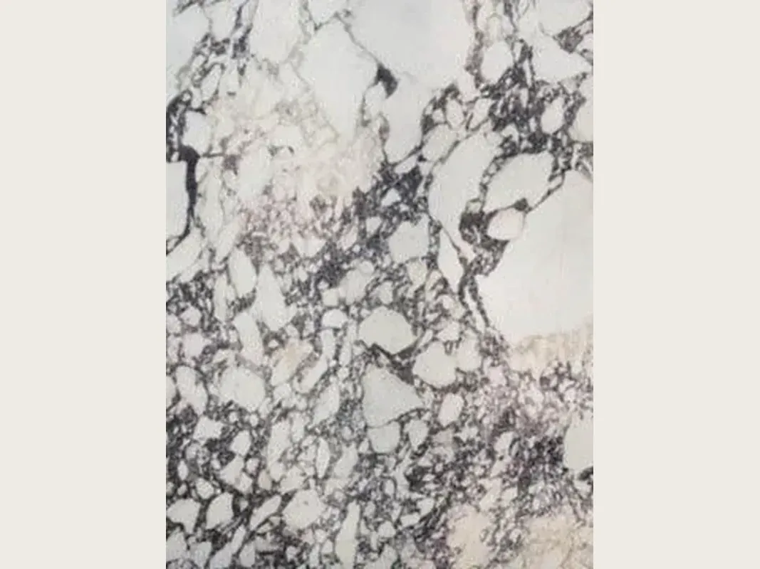 Placa de mármol blanco Breccia Capraia: fragmentos blancos dentro de una red gris oscura y violeta