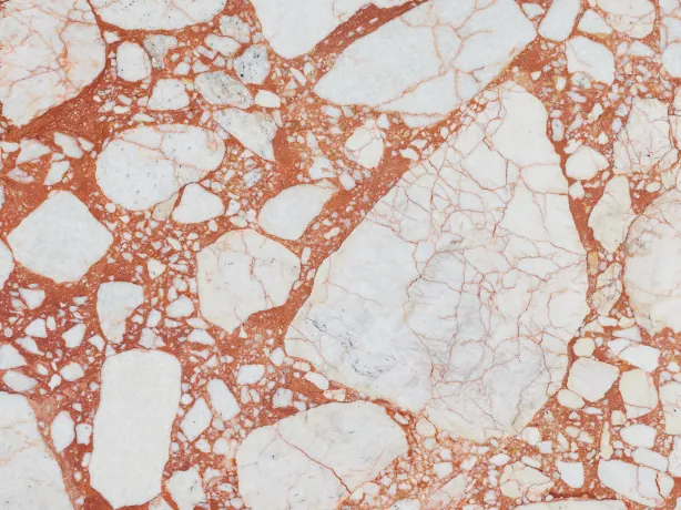 Detalle de los fragmentos blancos y la matriz rojo coral del Calacatta Antique