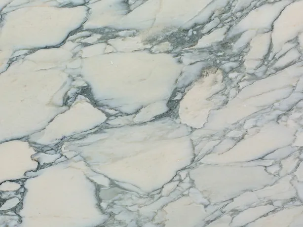 Detalle del Calacatta Caldia: vetas gris verdoso alrededor de fragmentos crema