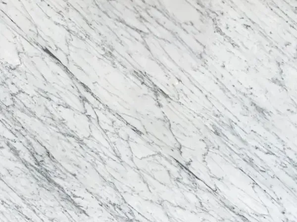 Placa de Mármol Carrara C: fondo blanco grisáceo con vetas grises finas, paralelas y en diagonal