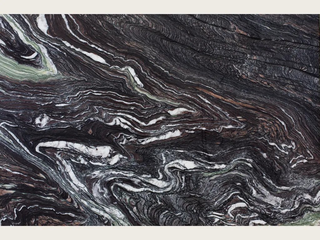 Placa de Mármol Cipollino Ondulato: fondo morado oscuro con vetas blancas onduladas y plegadas