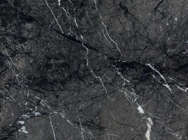Detalle del mármol negro Grigio Carnico: vetas blancas finas y nítidas sobre el pulido brillante