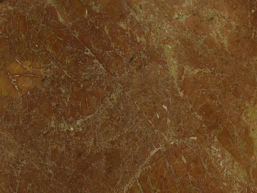 Placa de mármol rojo Melograno: rojo ladrillo con una red fina de vetas crema y zonas ocre difusas