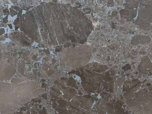Detalle del mármol gris Moon Grey: los fragmentos angulosos y la matriz gris azulada con vetas finas