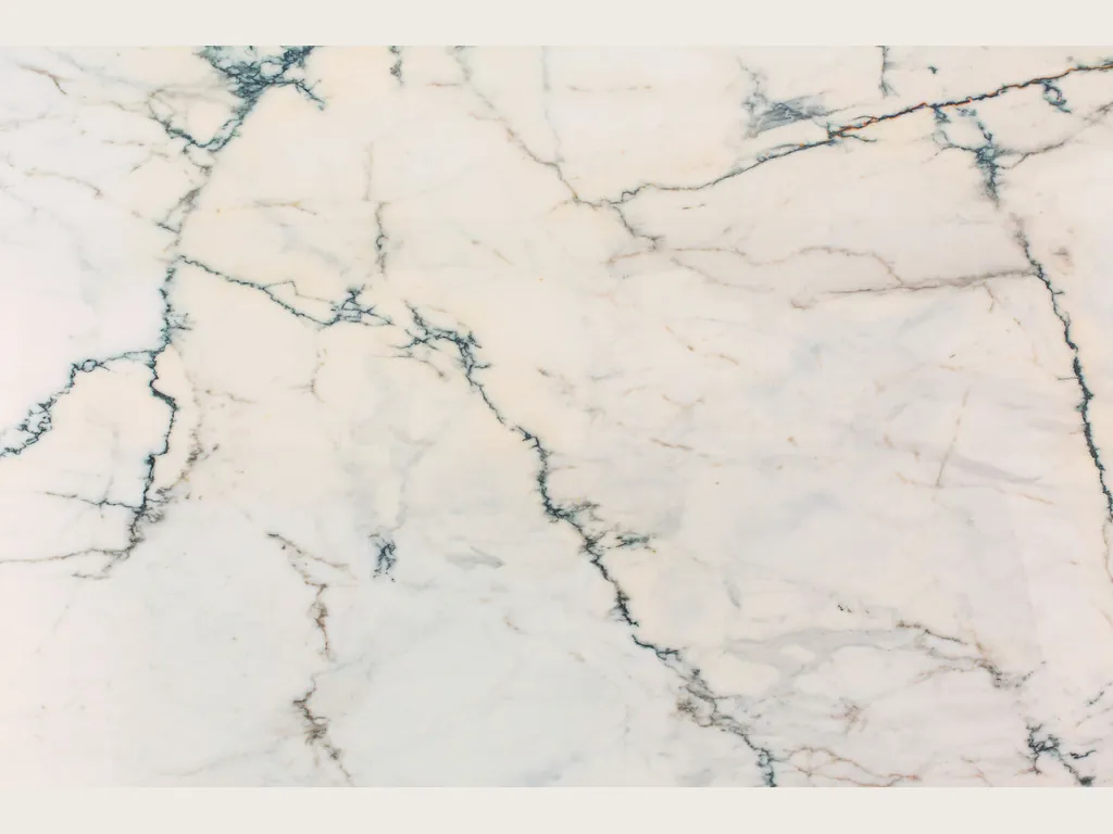 Placa de mármol blanco Paonazzo: fondo blanco cálido con ramas finas verde azulado oscuro