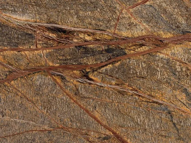 Detalle de la red de vetas rojo óxido del Picasso Brown sobre el fondo marrón oliva