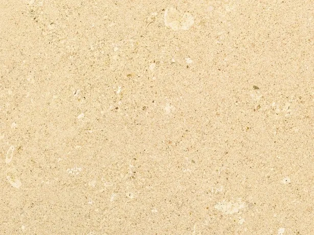Detalle del Pietra di Vicenza Blanca: poros y pequeños fragmentos claros sobre el grano beige arena