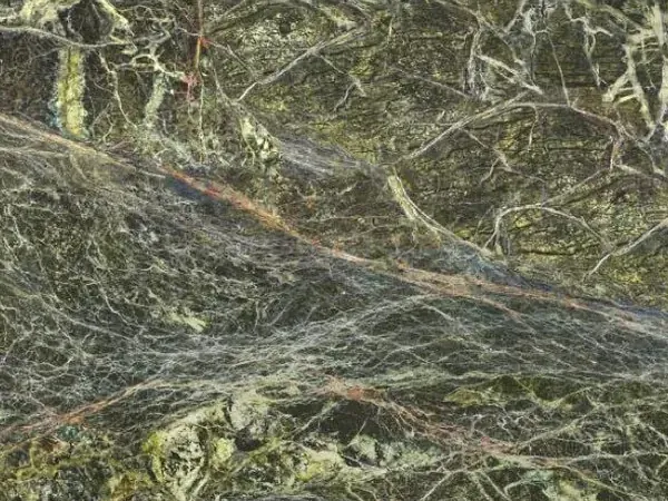 Placa de Mármol Rainforest Green: verde oscuro con una red densa de vetas verde amarillento y rojizas
