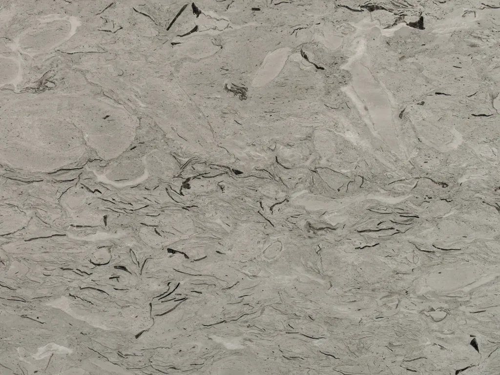 Placa de mármol gris Repen: gris claro con trazos negros curvos de fósiles y nubes claras horizontales