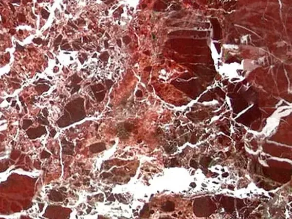 Placa de Mármol Rosso Lepanto: fragmentos rojo intenso separados por una red densa de vetas blancas
