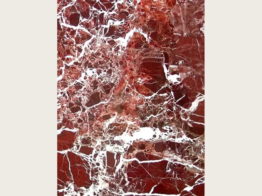Placa de mármol rojo Rosso Lepanto: fragmentos rojo intenso separados por una red densa de vetas blancas