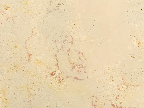 Detalle del Mármol Trani Filetto Rojo: filamentos rojo rosado finos y puntos oscuros aislados sobre el crema