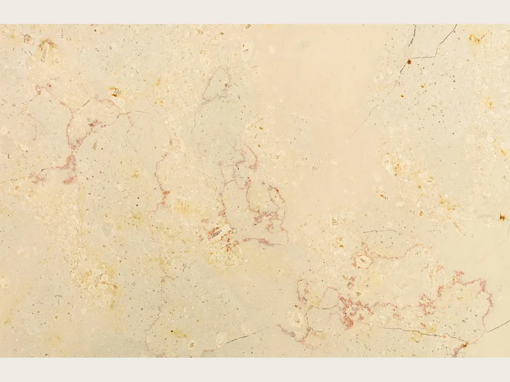 Placa de Mármol Trani Filetto Rojo: fondo crema amarillento con finos filamentos rojizos ondulados