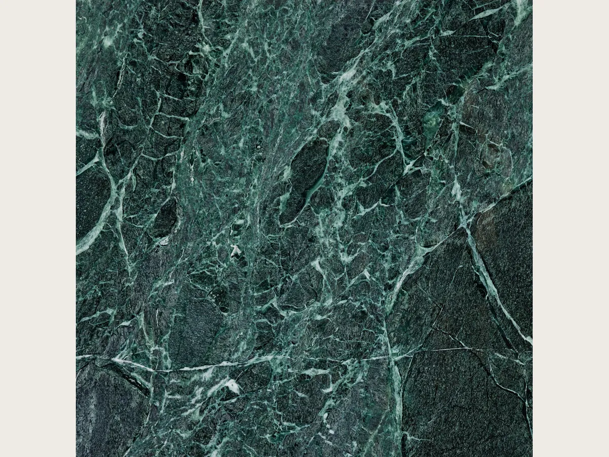 Placa de Mármol Verde Alpi: verde casi negro con una red tupida de vetas verde claro y blancas que rodean fragmentos oscuros