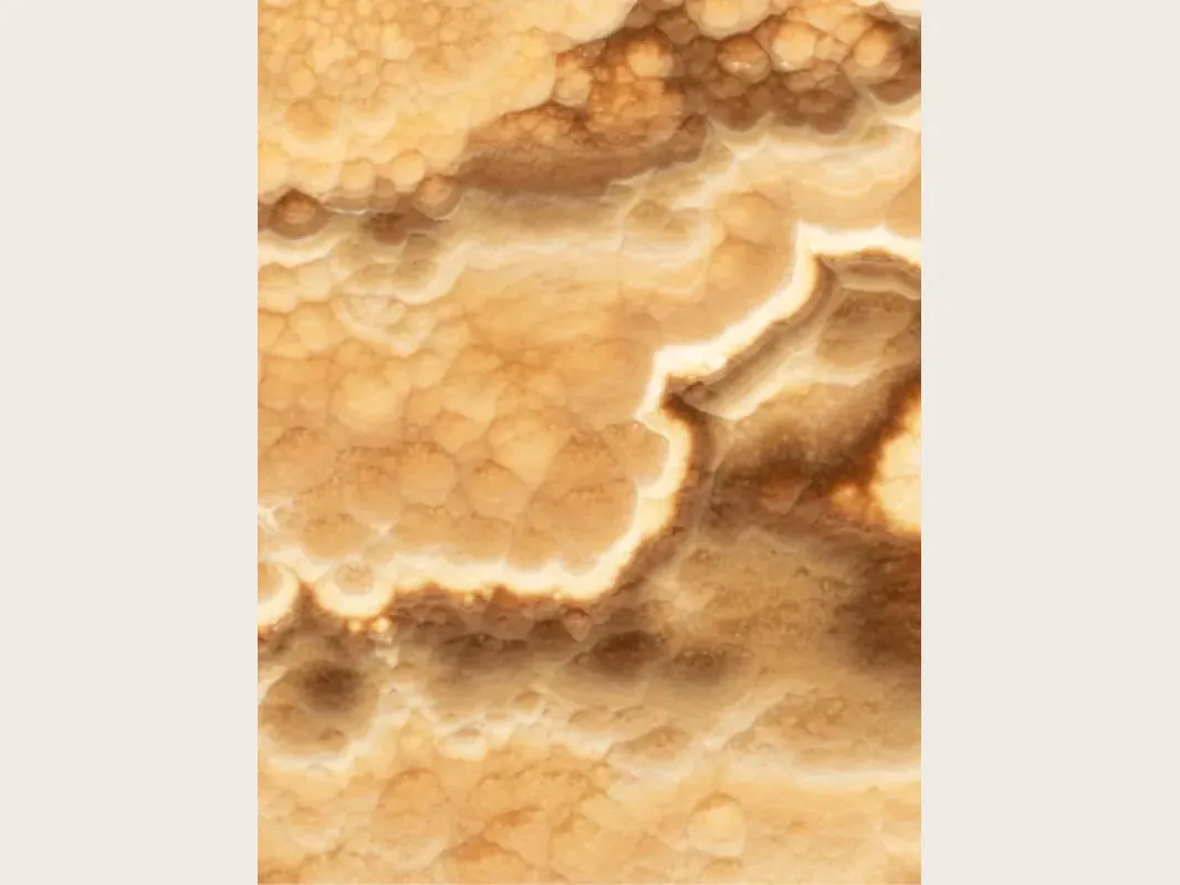 Placa de ónix amarillo Miel Oscuro: fondo ámbar con bandas onduladas marrón oscuro y crema sobre celdas redondeadas