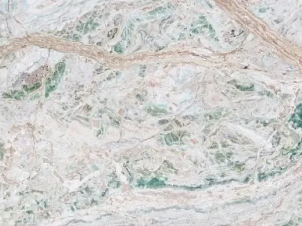 Placa de Ónix Verde Himalaya: fondo blanco verdoso con vetas rosa terroso onduladas y manchas verde menta