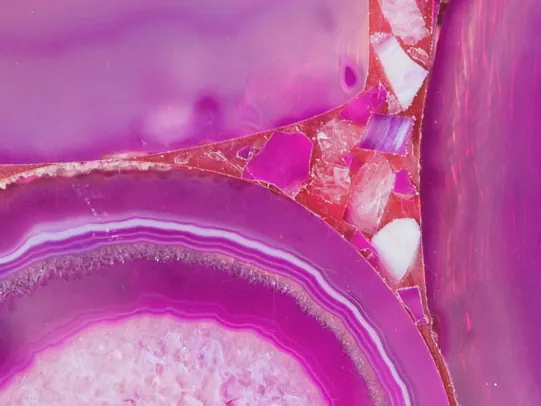 Detalle de rodajas de Ágata Fucsia: bandas concéntricas y centros blancos con pulido brillante