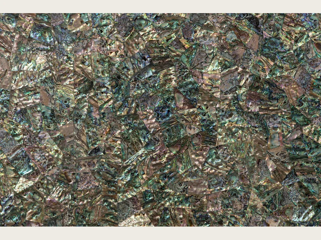Placa de Nácar Abulón: mosaico denso de concha irisada en verdes, azules y marrones