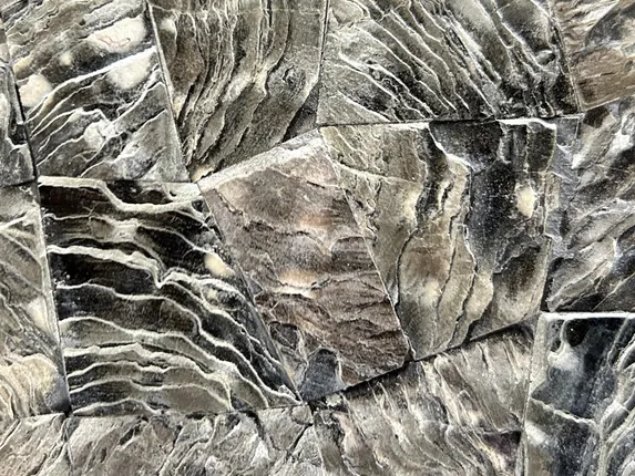 Detalle del Nácar Galushell Gris: estrías onduladas en relieve sobre piezas de concha gris