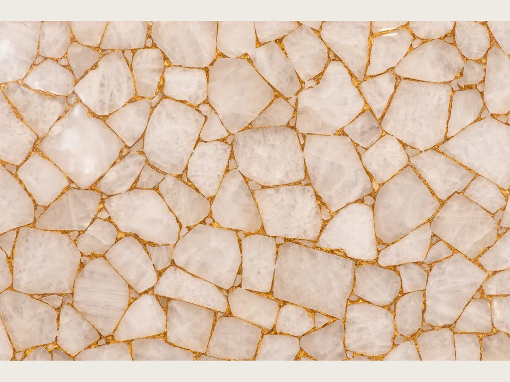 Placa de Cuarzo Blanco con Hoja de Oro: mosaico de polígonos blancos unidos por juntas doradas finas