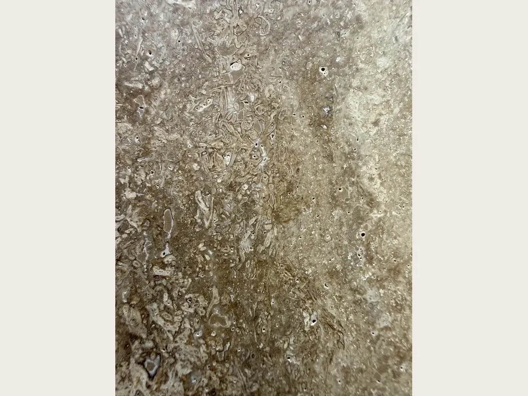Placa de travertino marrón Noce: marrón grisáceo con manchas claras irregulares y poros visibles