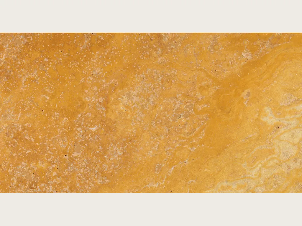 Placa de Travertino Amarillo: ocre dorado con nubes suaves de tono y poros pequeños