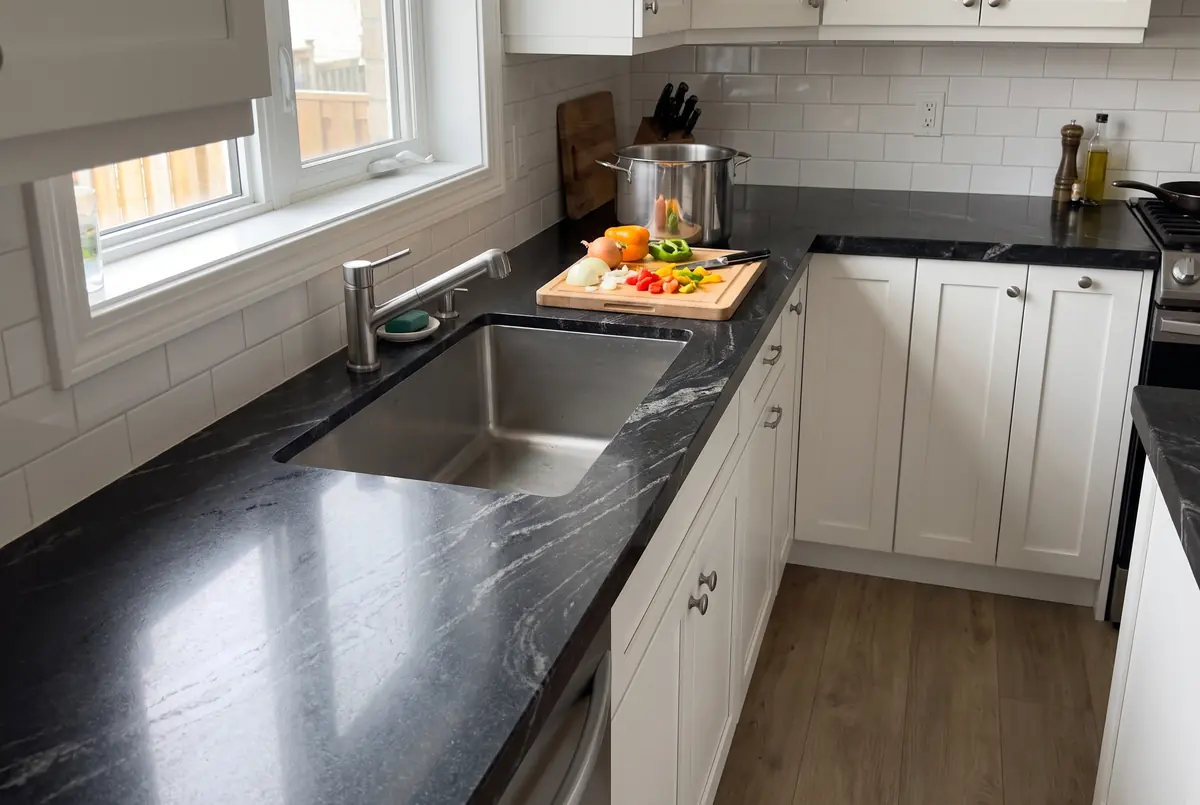 Cocina familiar con cubiertas de granito negro con vetas grises y fregadero bajo cubierta