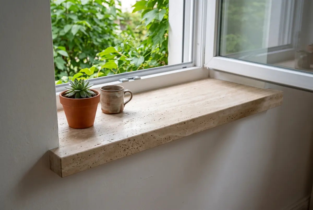 Alféizar de travertino bajo una ventana abierta con una maceta y una taza