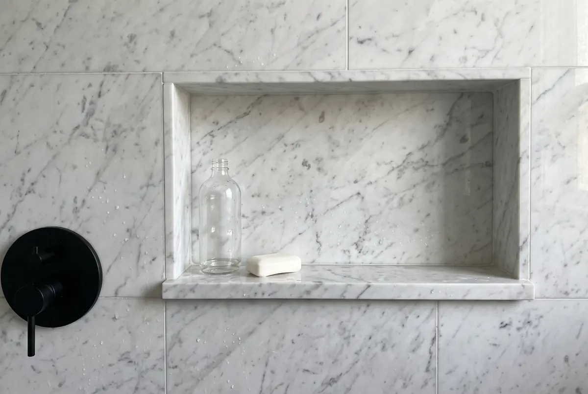 Nicho de ducha revestido de mármol Carrara con una repisa de la misma piedra