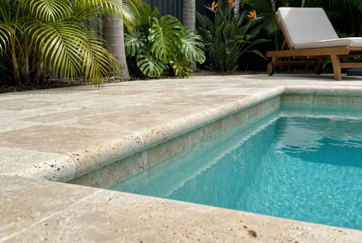 Borde y entorno de piscina en travertino beige Romano: beige grisáceo claro con muchos agujeros abiertos de distintos tamaños