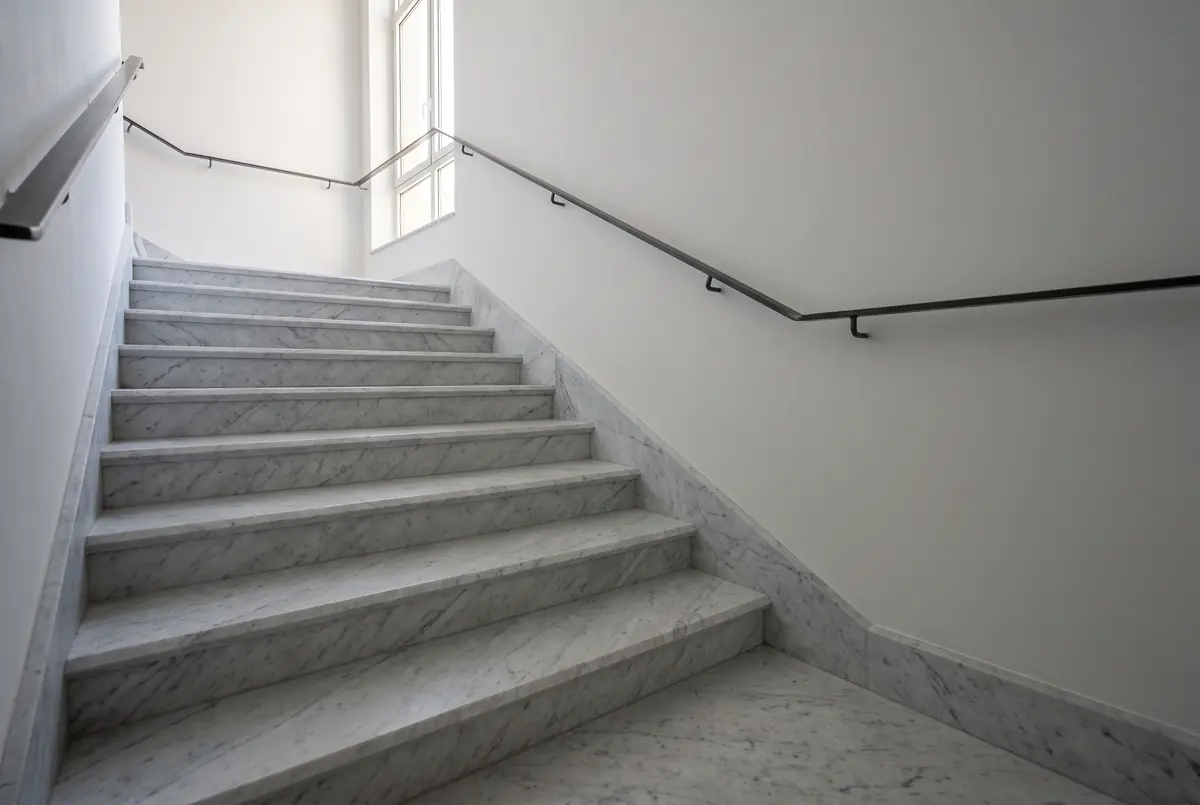 Escalera interior de mármol Carrara lapeado con zócalo de la misma piedra