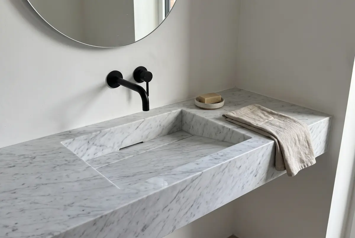 Cubierta de baño de mármol Carrara con el lavabo tallado en la misma piedra y grifería negra empotrada en la pared
