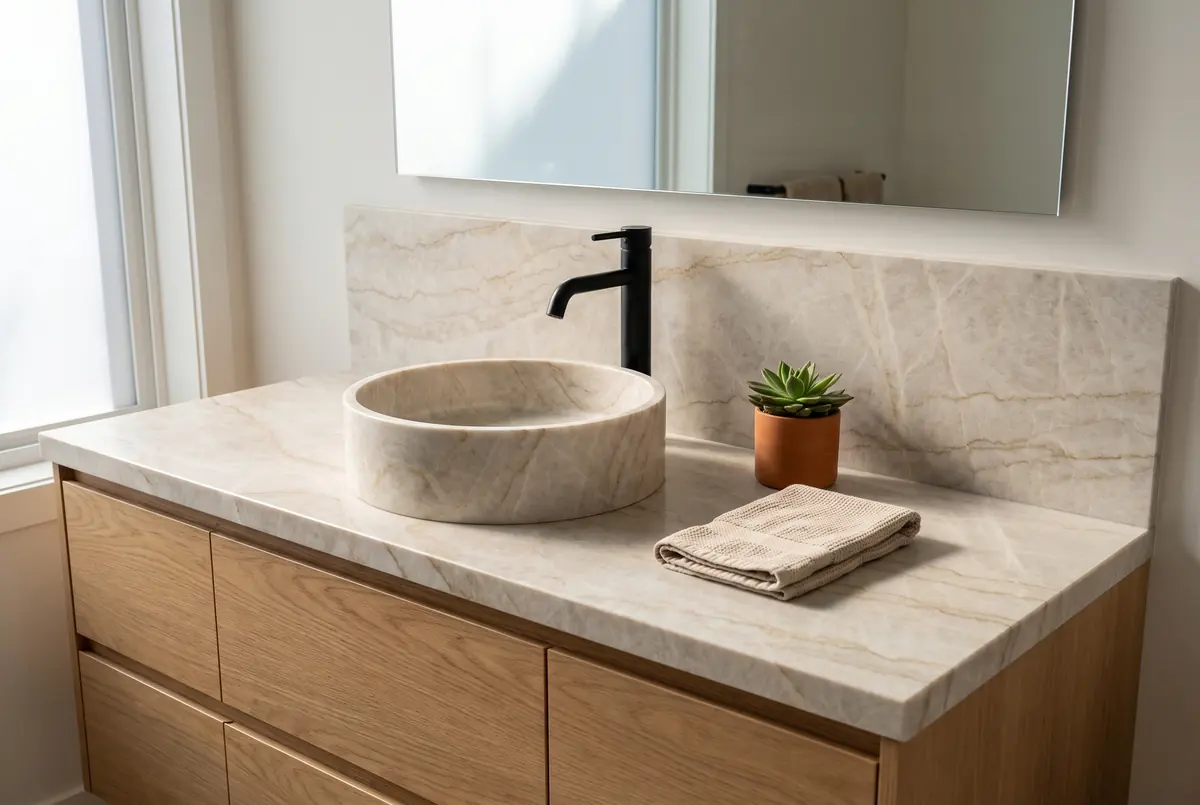 Cubierta de lavabo y pared de baño en cuarcita beige Taj Mahal: beige claro con vetas suaves caramelo en diagonal