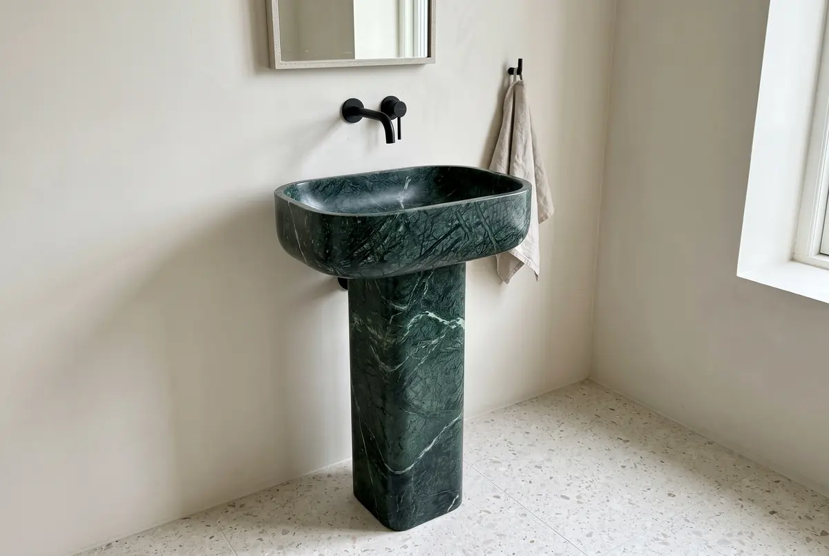 Lavabo de pedestal tallado en mármol verde oscuro con vetas blancas, vaso y columna de la misma piedra