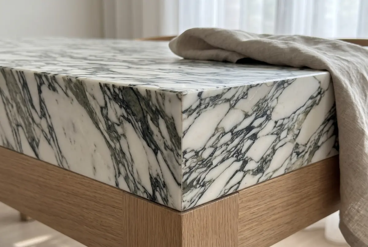Esquina de una mesa de mármol blanco con vetas grises, faldón a inglete y base de roble