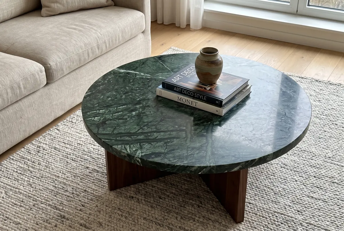Mesa de centro redonda de mármol verde oscuro pulido sobre una base de madera, junto a un sofá