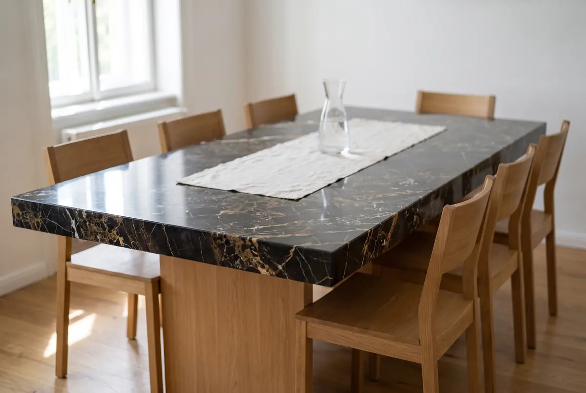 Mesa de comedor con sobre de mármol negro con vetas doradas, canto grueso y base de roble, rodeada de sillas de madera