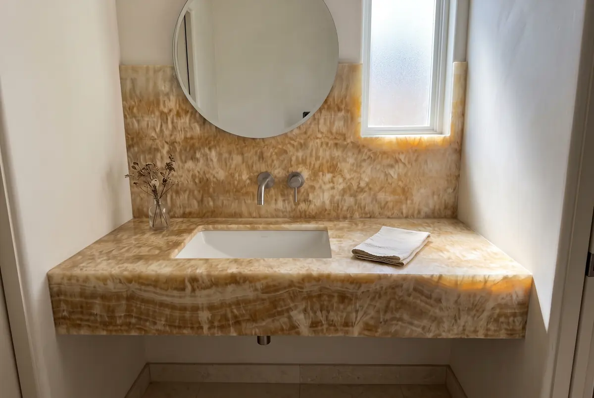 Tocador de baño con cubierta y salpicadero de Ónix Miel