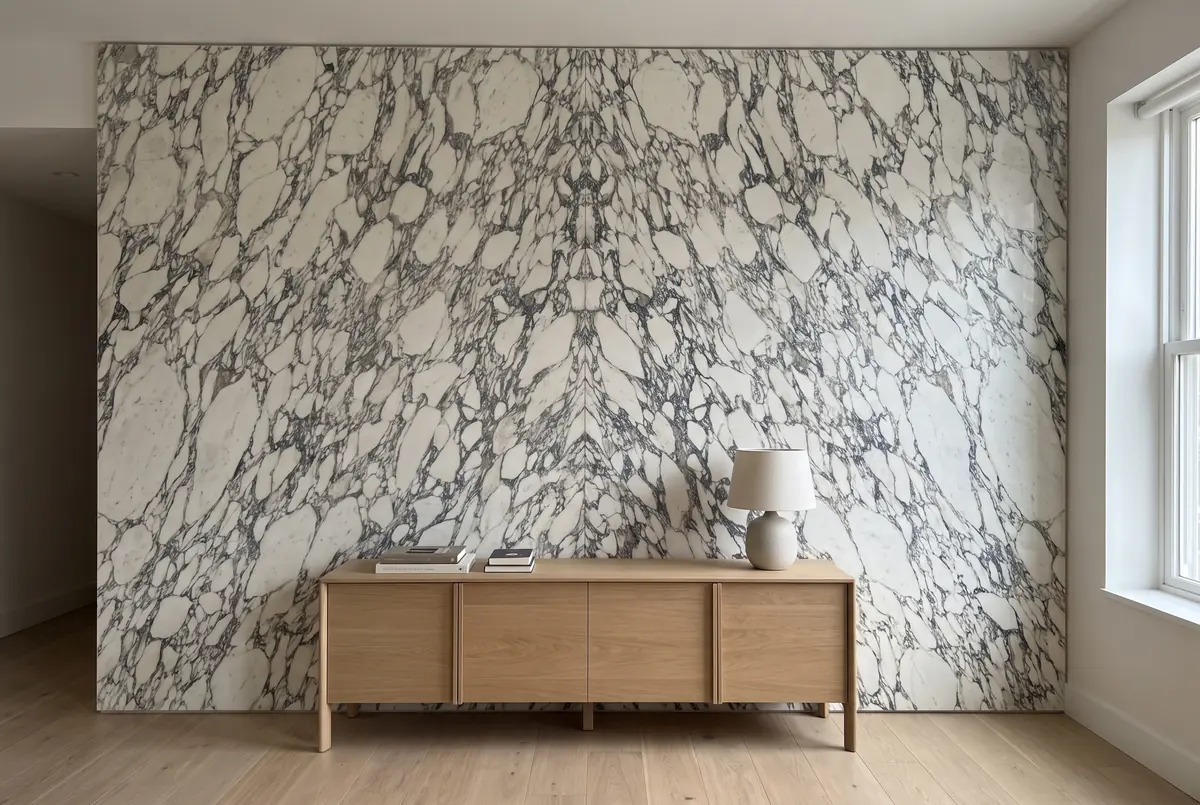 Pared de sala revestida con placas de mármol Arabescato colocadas en libro