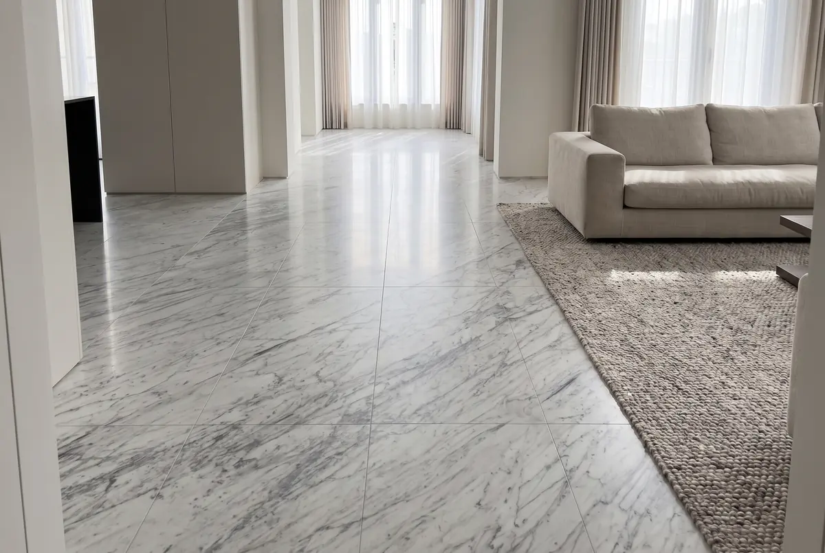 Sala con piso de mármol Carrara pulido en placas de gran formato con juntas finas